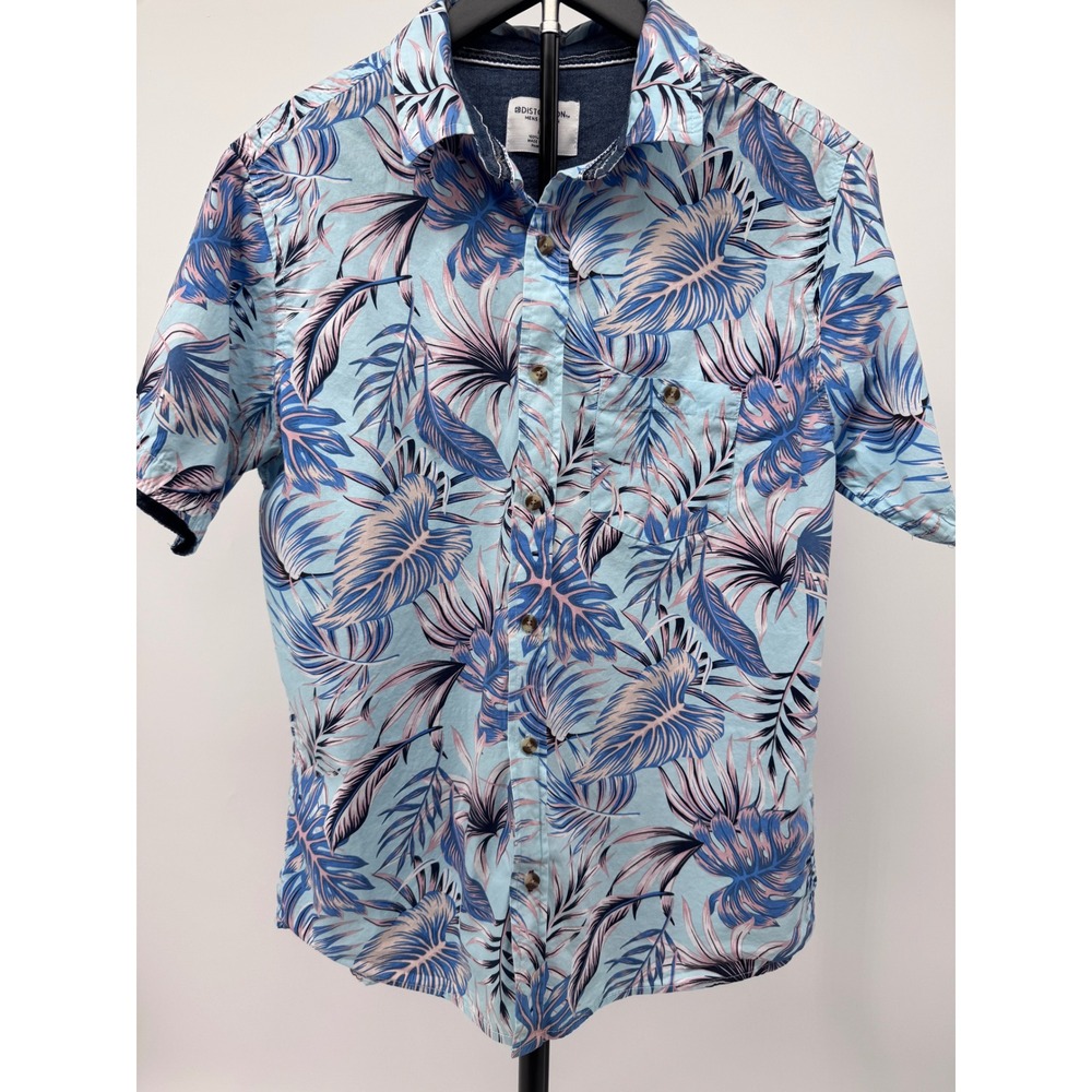 Distortion Mens Modern Tropical Palm Leaf Print Cotton Button Down Shirt Blue M